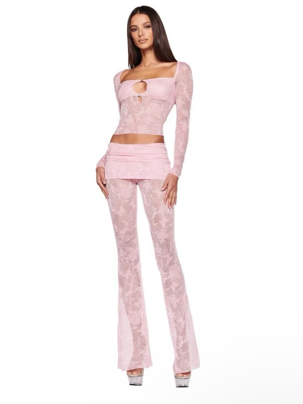 I Am Gia Pink Sheer Lace Flared Pants & Crop Top Set Size M